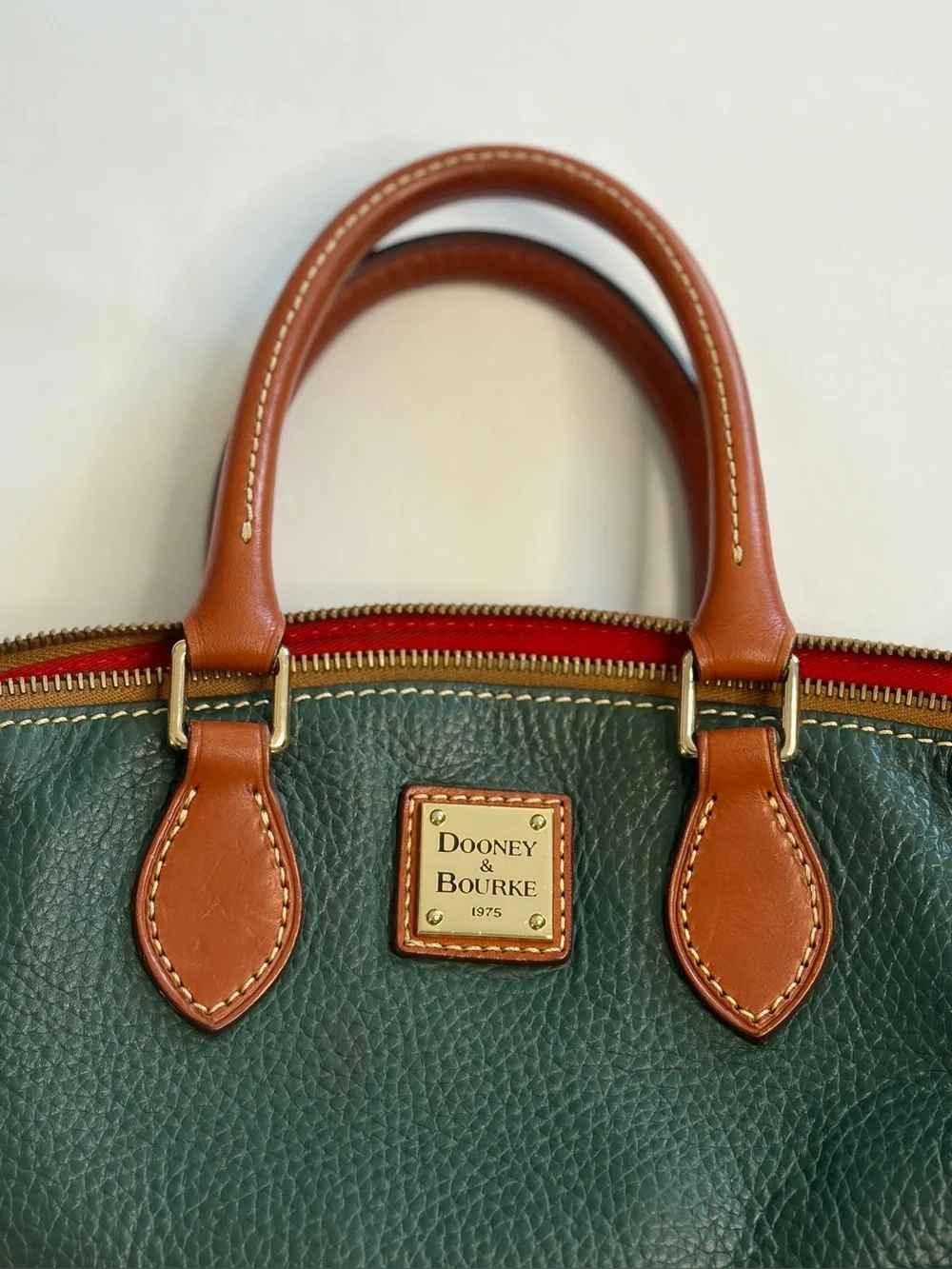 Dooney & Bourke Dillen Green Pebbled Leather Satchel with Brown Trim